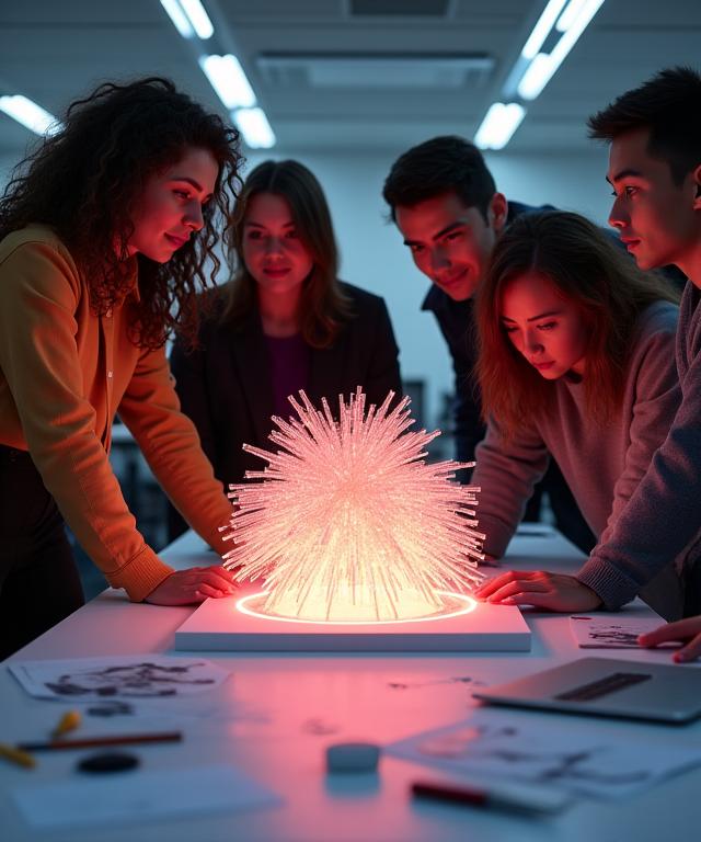 光のインスタレーションの模型を前に議論するYoru Botanixのデザインチーム