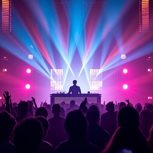 未来的なDJブースと光の演出が施された音楽イベント